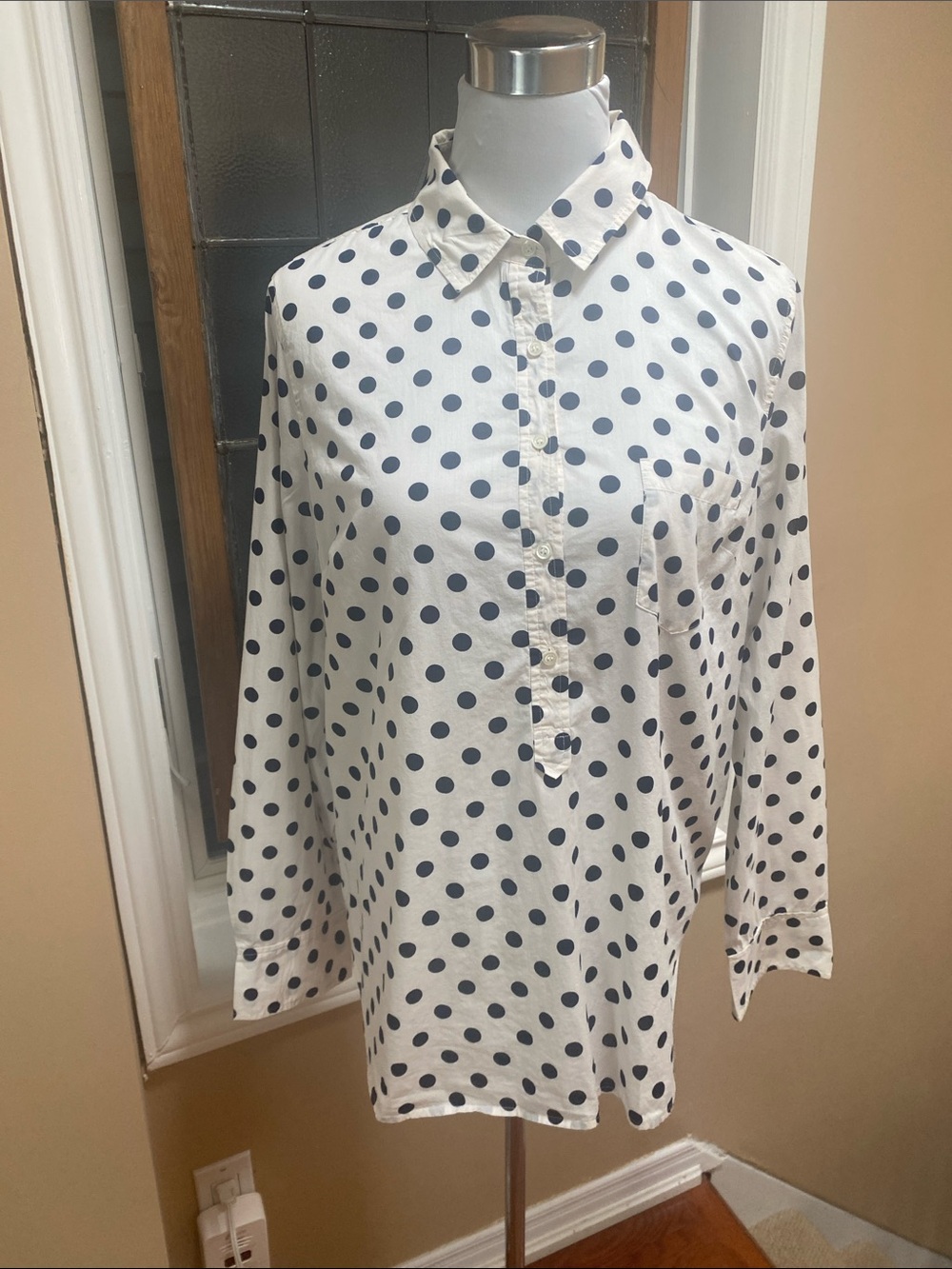 J. Crew White Button-Down Shirt with Navy Polka Dots